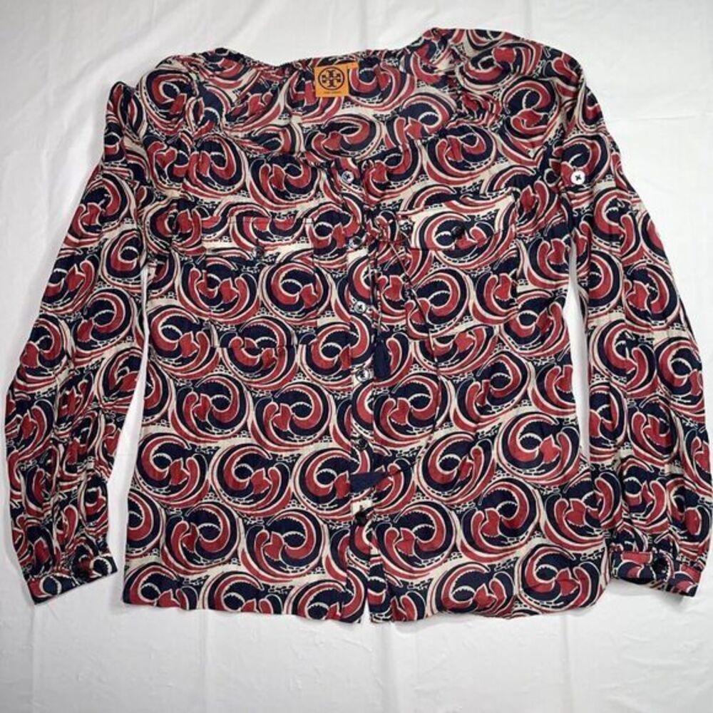 Tory Burch‎ Cotton Silk Blend Swirl Print Blouse Shirt Red Blue White Sz 4 Women